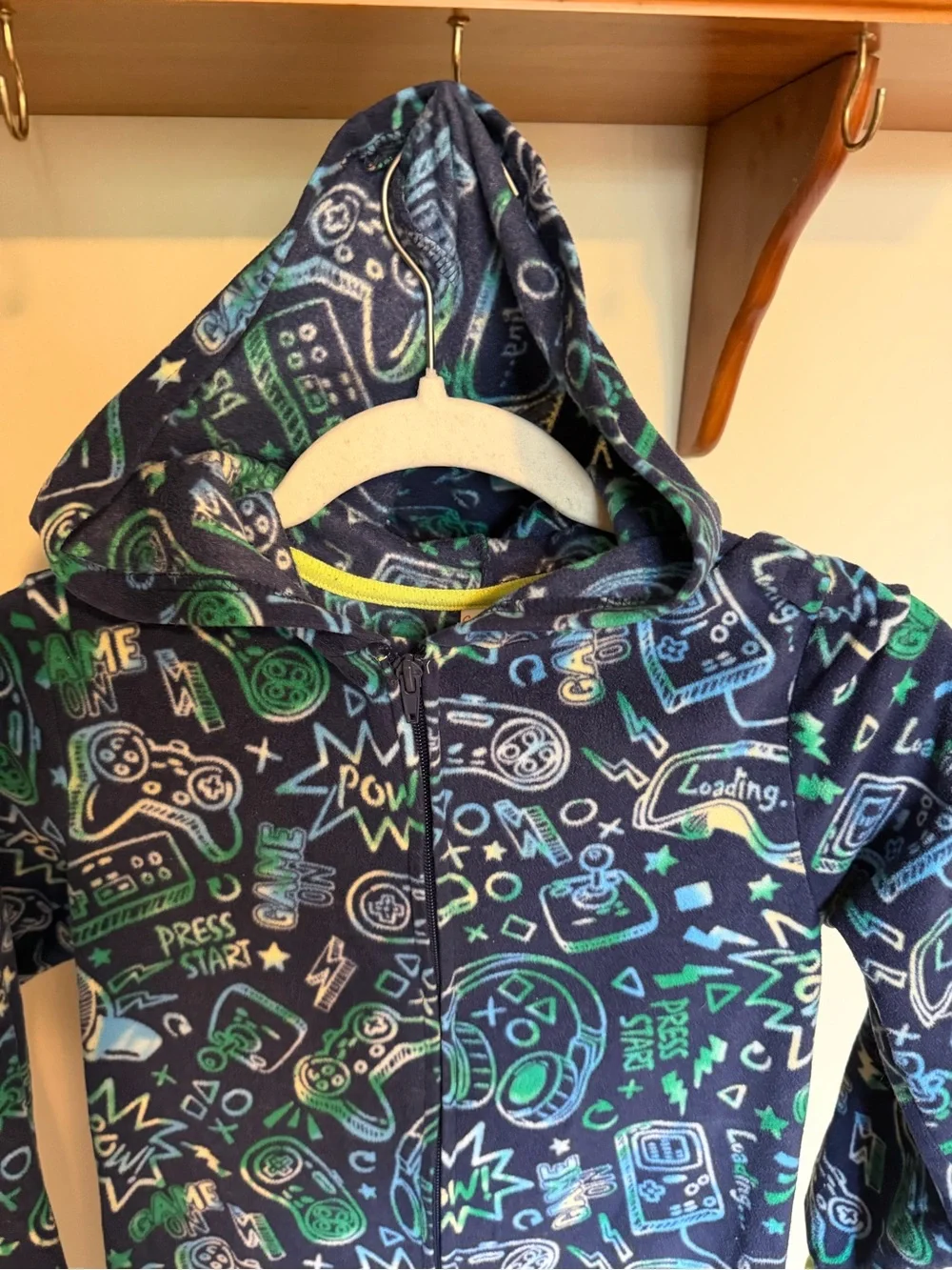 Medium (8/10) Navy Blue gaming pattern Sleep onesie / union suit